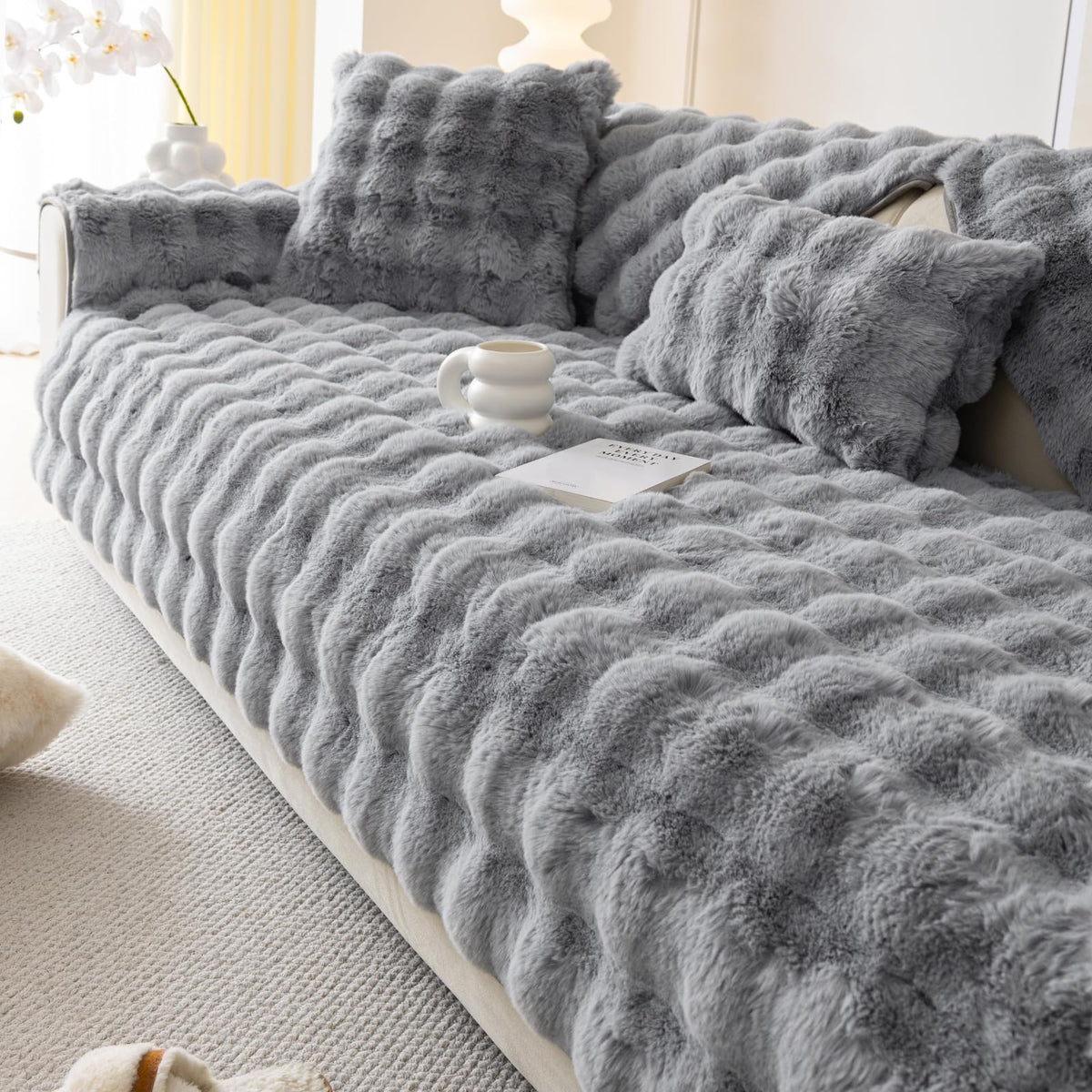 Faux Fur Sofa Cover, Rabbit Plush Couch Cover, Non-Slip Couch Covers Washable, Cosy Plush Sofa Slipcover, Furniture Protector for L Shaped(1pc/ White /36"x70")