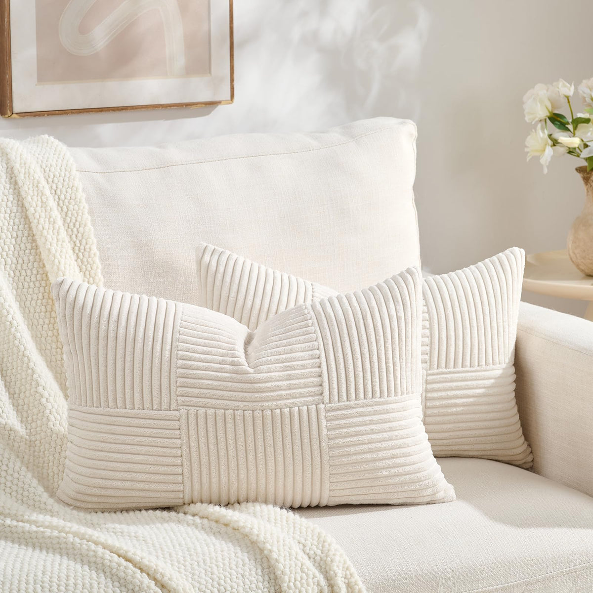 Fancy Homi Set of 2 Dark Gray Boho Decorative Throw Pillow Covers 18x18 Inch for Living Room Bedroom Couch Bed Sofa, Modern Farmhouse Home Decor, Soft Striped Plaid Corduroy Accent Cushion Case