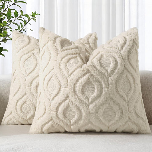 decorUhome Faux Fur Plush Soft Beige Throw Pillow Covers 18x18 Set of 2