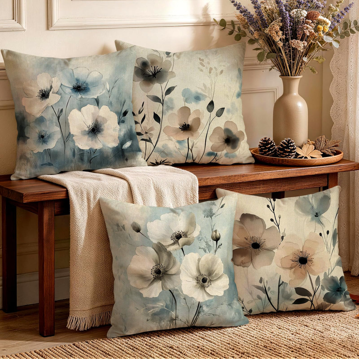OBSEDE Rustic Neutral Boho Floral Throw Pillow Covers 18x18 Inch Set of 4
