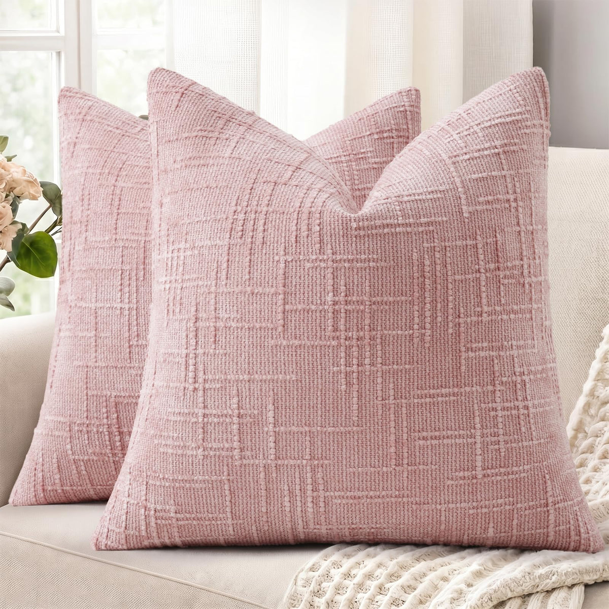 decorUhome Textured Chenille Throw Pillow Covers 18x18 Set of 2 Cream White