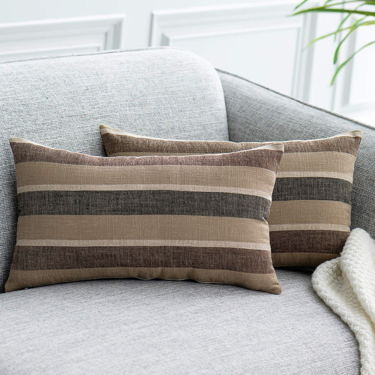 2 Pieces Decorative Classic Retro Stripe Throw Pillow Cover Soft Faux Linen Modern Farmhouse Lumbar Cushion Case for Sofa Bedroom Car 12 x 20 Inch Grey Blue Mixed