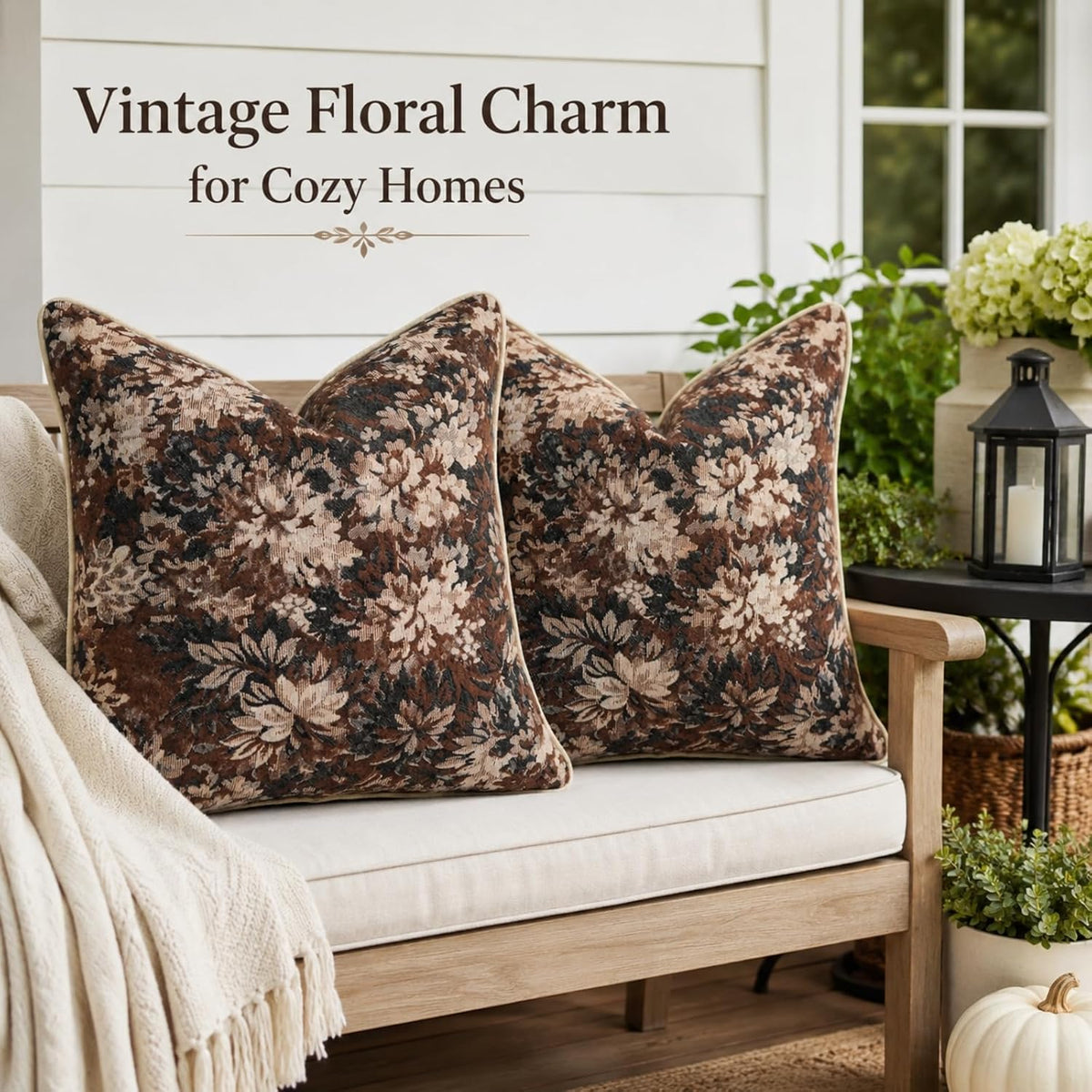 CROWNED BEAUTY Farmhouse Floral Throw Pillow Covers, 20x20, Brown, Set of 2