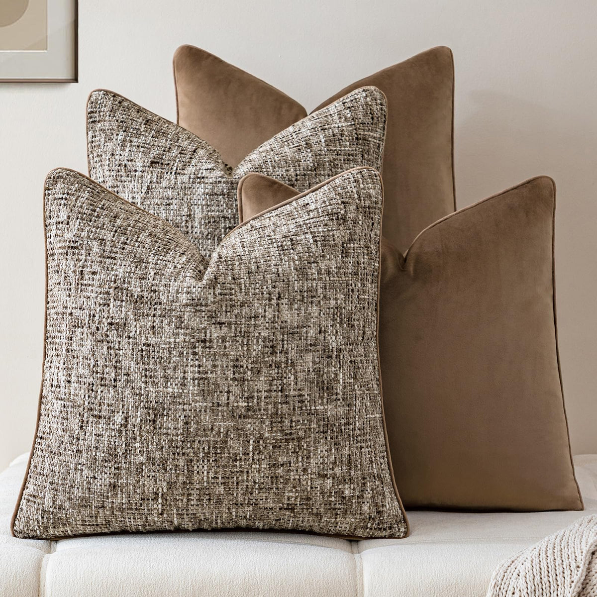 a moment Khaki 4 Pack Throw Pillow Covers - Chenille & Velvet Set with Piping, Farmhouse Textured Design Cushion Cases for Couch Sofa Bed (18x18 Inch, No Insert)