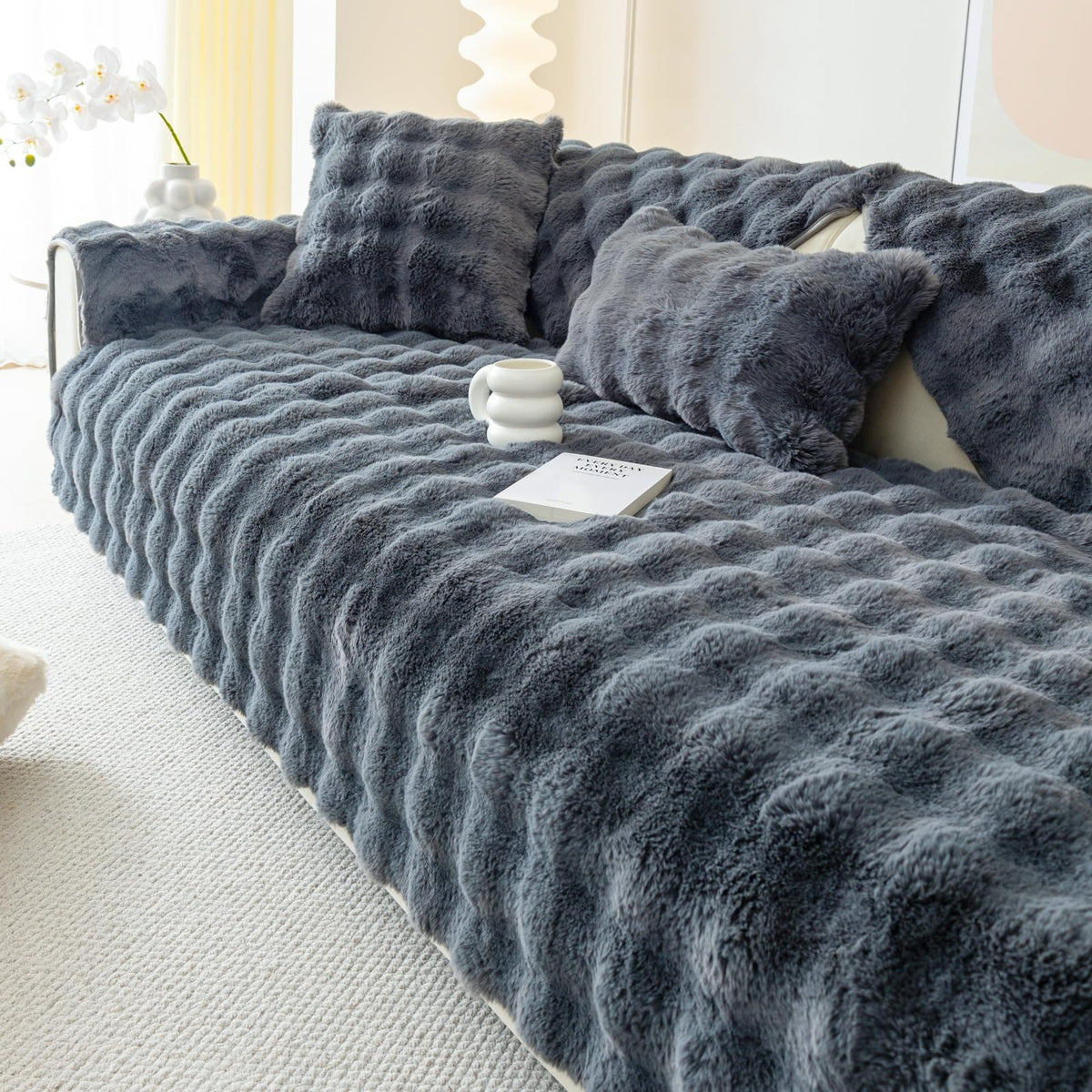 Faux Fur Sofa Cover, Rabbit Plush Couch Cover, Non-Slip Couch Covers Washable, Cosy Plush Sofa Slipcover, Furniture Protector for L Shaped(1pc/ White /36"x70")