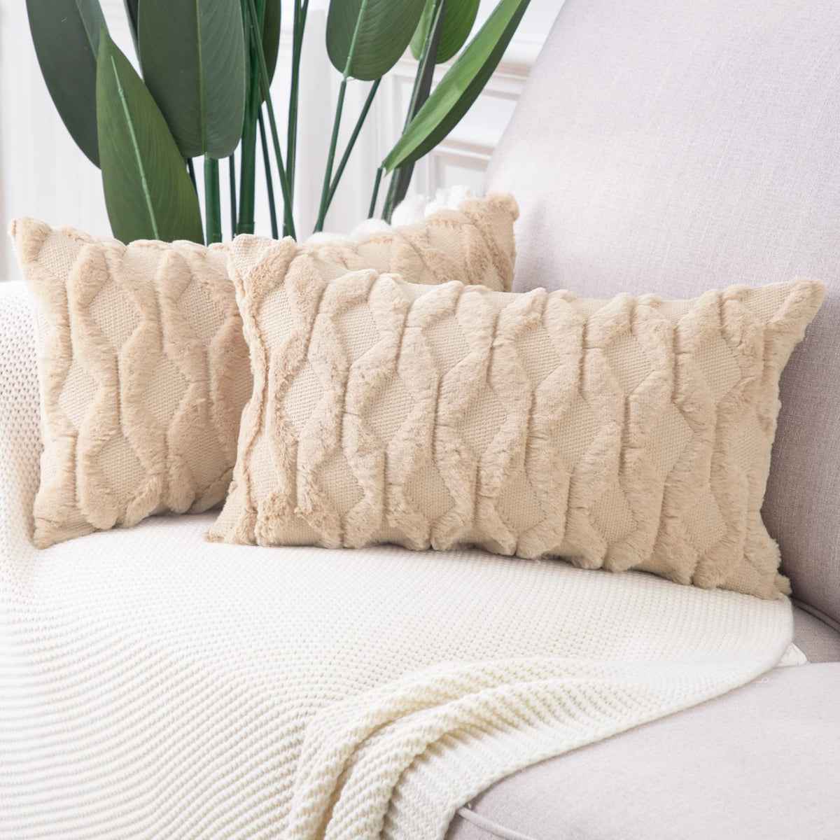 MADIZZ Set of 2 Soft Polyester Short Wool Velvet Decorative Throw Pillow Covers 18x18 inch Beige Square Luxury Style Cushion Cases Pillow Shell for Sofa Bedroom