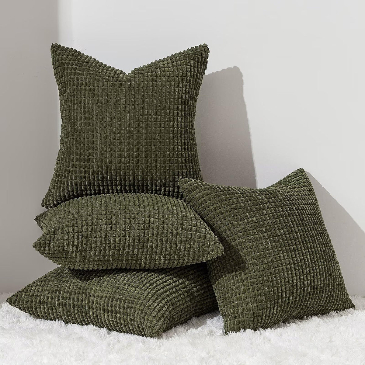 Topfinel Boho SageGreen Throw Pillow Covers for Couch Living Room,Summer Green Cushion Covers Room Decorative Fluffy Corduroy,Nordic Cushion Cover 18x18 Inch Set of 4 (Green/LightGreen/OliveGreen)
