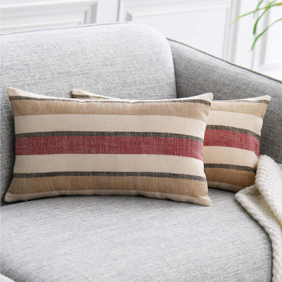 2 Pieces Decorative Classic Retro Stripe Throw Pillow Cover Soft Faux Linen Modern Farmhouse Lumbar Cushion Case for Sofa Bedroom Car 12 x 20 Inch Grey Blue Mixed