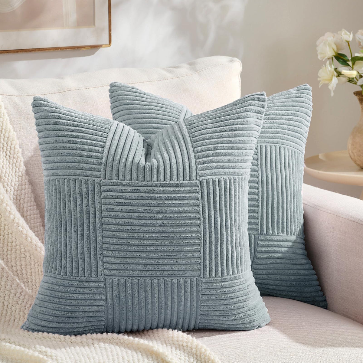 Fancy Homi Set of 2 Dark Gray Boho Decorative Throw Pillow Covers 18x18 Inch for Living Room Bedroom Couch Bed Sofa, Modern Farmhouse Home Decor, Soft Striped Plaid Corduroy Accent Cushion Case