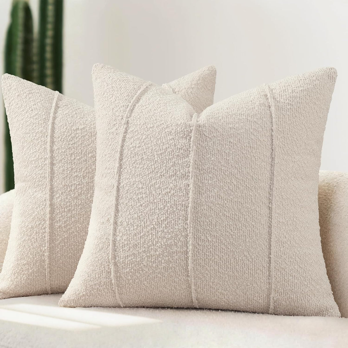 YCOLL Textured Boucle Throw Pillow Covers 20x20 Pack of 2 - Soft Neutral Striped Cushion Covers, Cozy Accent Decorative Pillow Covers for Couch, Sofa, Bed, Living Room (Beige)