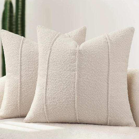 YCOLL Textured Boucle Throw Pillow Covers 20x20 Pack of 2 - Soft Neutral Striped Cushion Covers, Cozy Accent Decorative Pillow Covers for Couch, Sofa, Bed, Living Room (Beige)