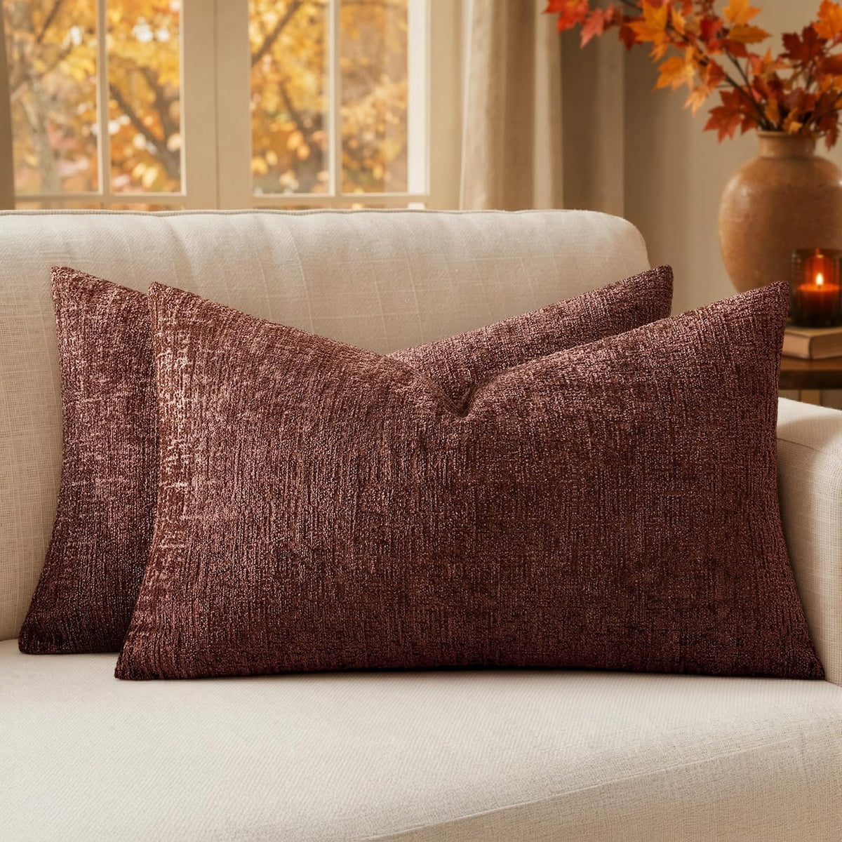 MIULEE Couch Pillow Covers Textured Chenille Home Decor 18x18 Beige