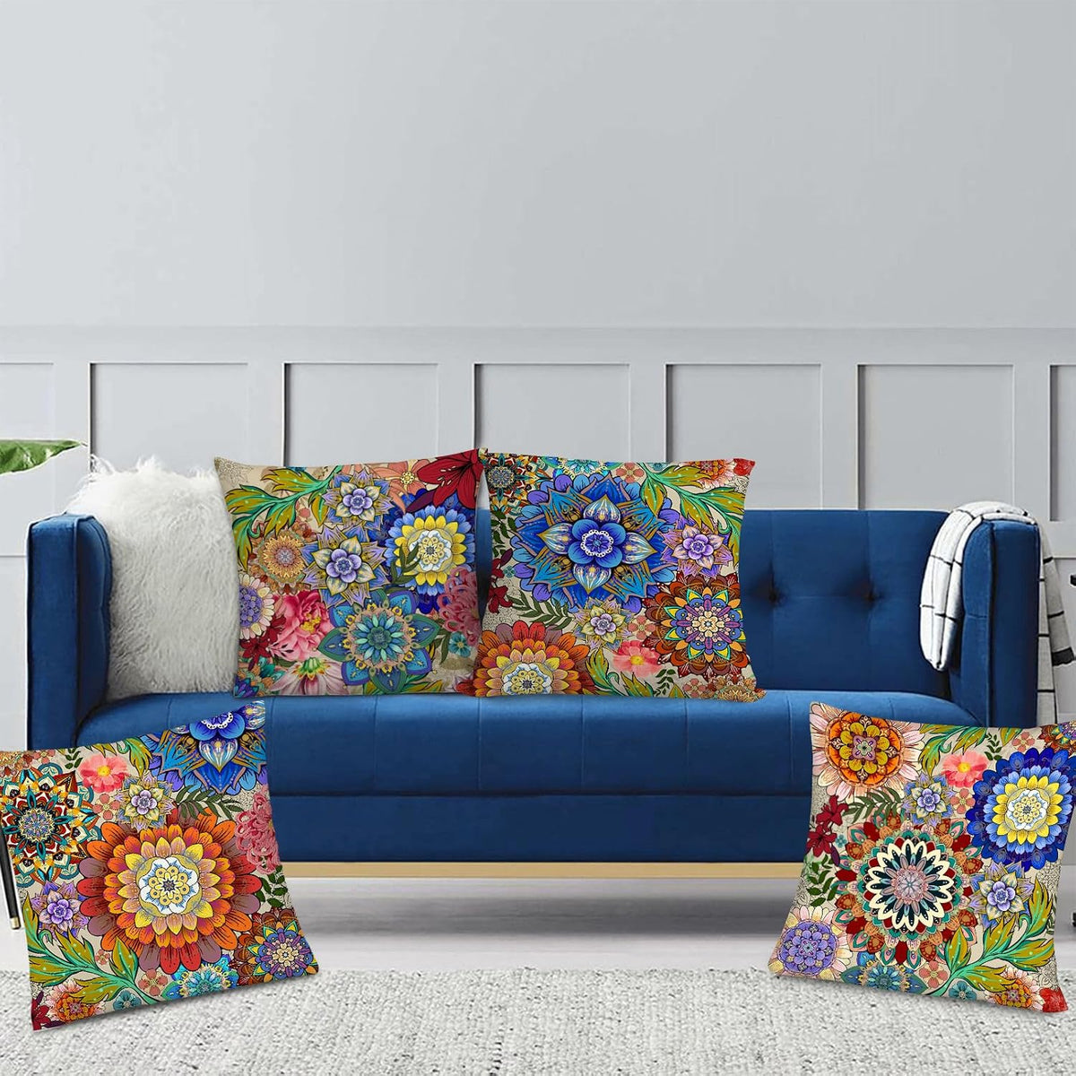 Boho Floral Throw Pillows Covers 18x18 in Colorful Flower Set of 4