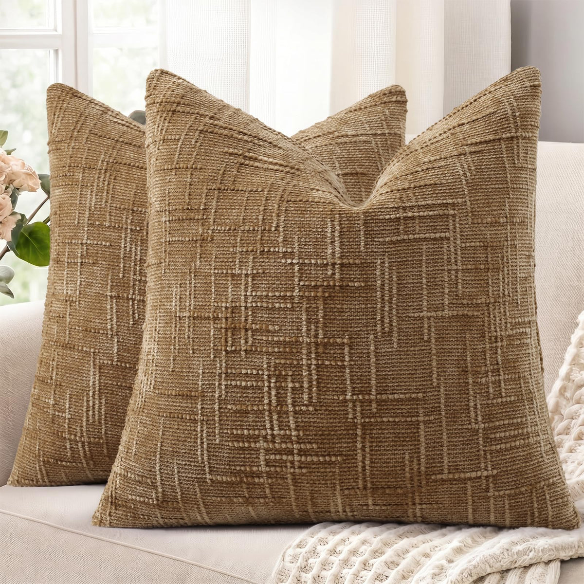 decorUhome Textured Chenille Throw Pillow Covers 18x18 Set of 2 Cream White