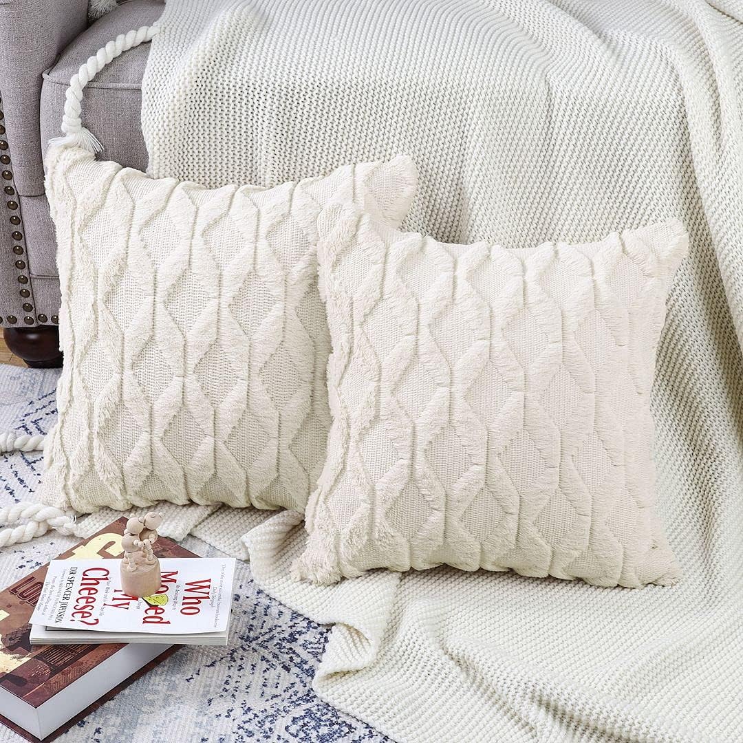 MADIZZ Set of 2 Soft Polyester Short Wool Velvet Decorative Throw Pillow Covers 18x18 inch Beige Square Luxury Style Cushion Cases Pillow Shell for Sofa Bedroom