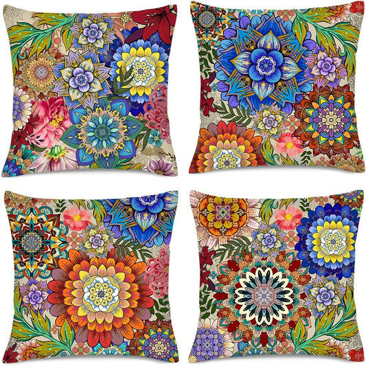 Boho Floral Throw Pillows Covers 18x18 in Colorful Flower Set of 4