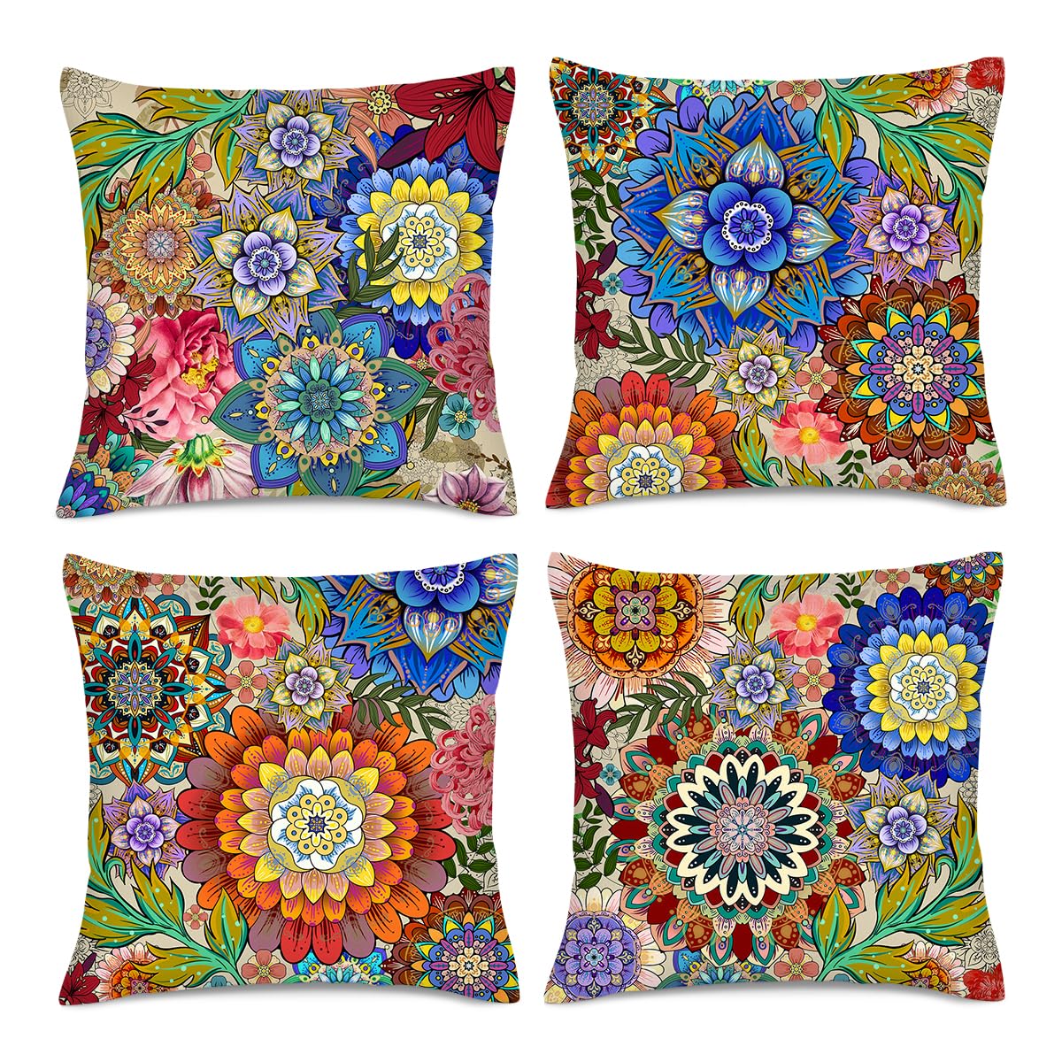 Boho Floral Throw Pillows Covers 18x18 in Colorful Flower Set of 4