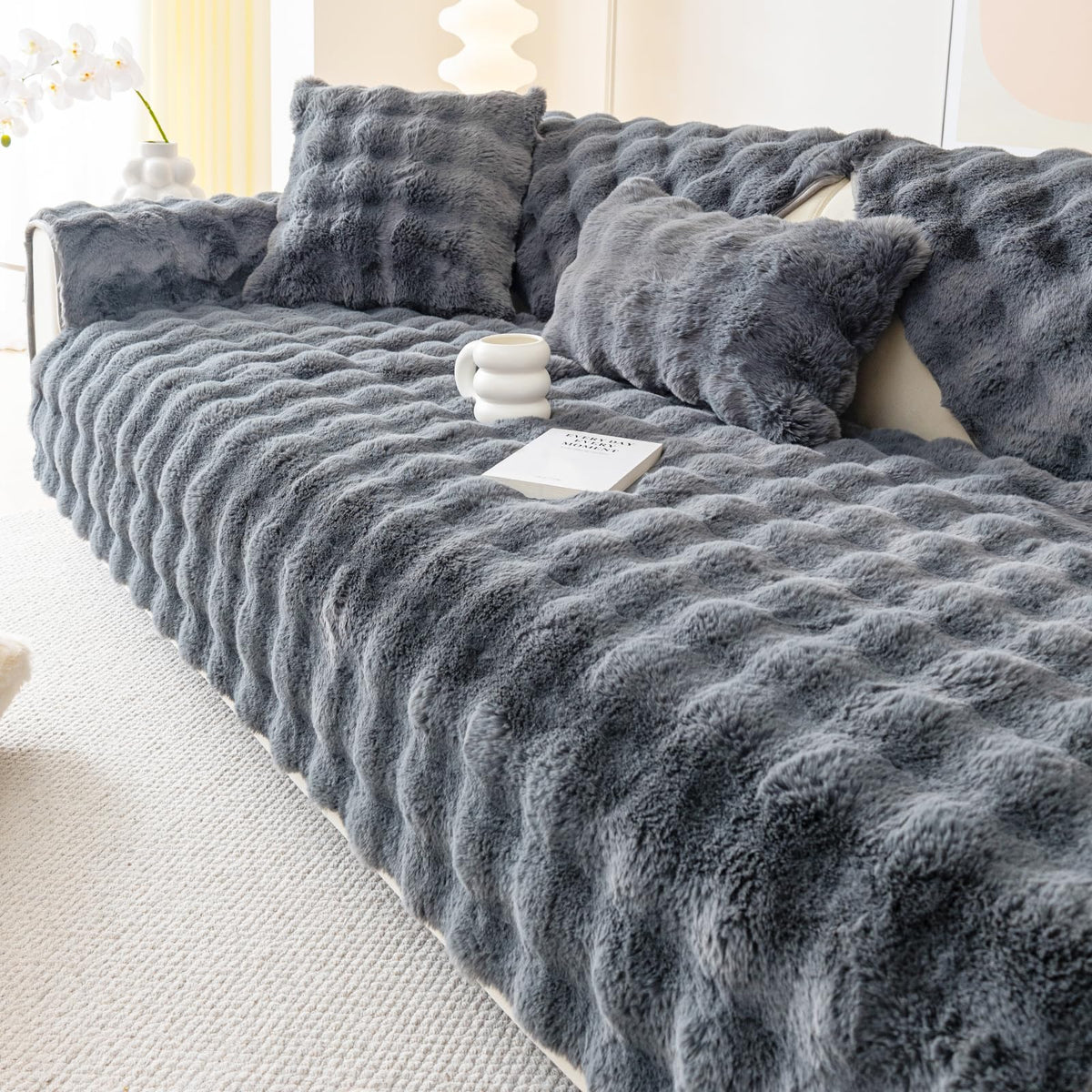 Faux Fur Sofa Cover, Rabbit Plush Couch Cover, Non-Slip Couch Covers Washable, Cosy Plush Sofa Slipcover, Furniture Protector for L Shaped(1pc/ White /36"x70")