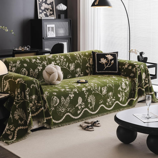 DREAMINGO Green Floral Couch Cover Farmhouse Botanical Jacquard Sofa Covers for 2 Cushion Couch Cozy Chenille Living Room Furniture Loveseat Sectional Sofa Slipcovers Washable, Large 71"x118"