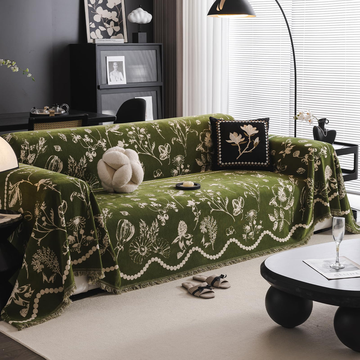DREAMINGO Green Floral Couch Cover Farmhouse Botanical Jacquard Sofa Covers for 2 Cushion Couch Cozy Chenille Living Room Furniture Loveseat Sectional Sofa Slipcovers Washable, Large 71"x118"