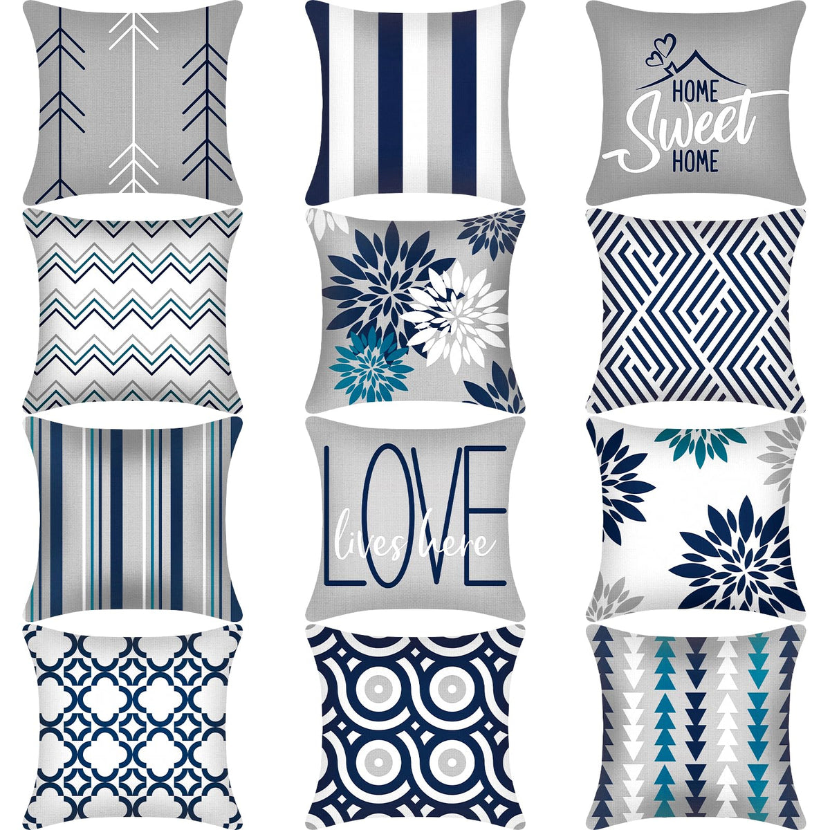 Flutesan 12 Pcs Pillow Covers 18x18 Geometric Linen for Couch, Gray Blue