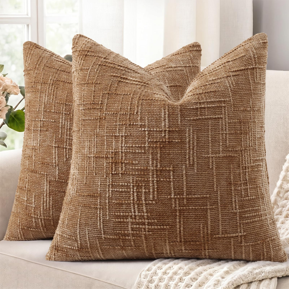 decorUhome Textured Chenille Throw Pillow Covers 18x18 Set of 2 Cream White