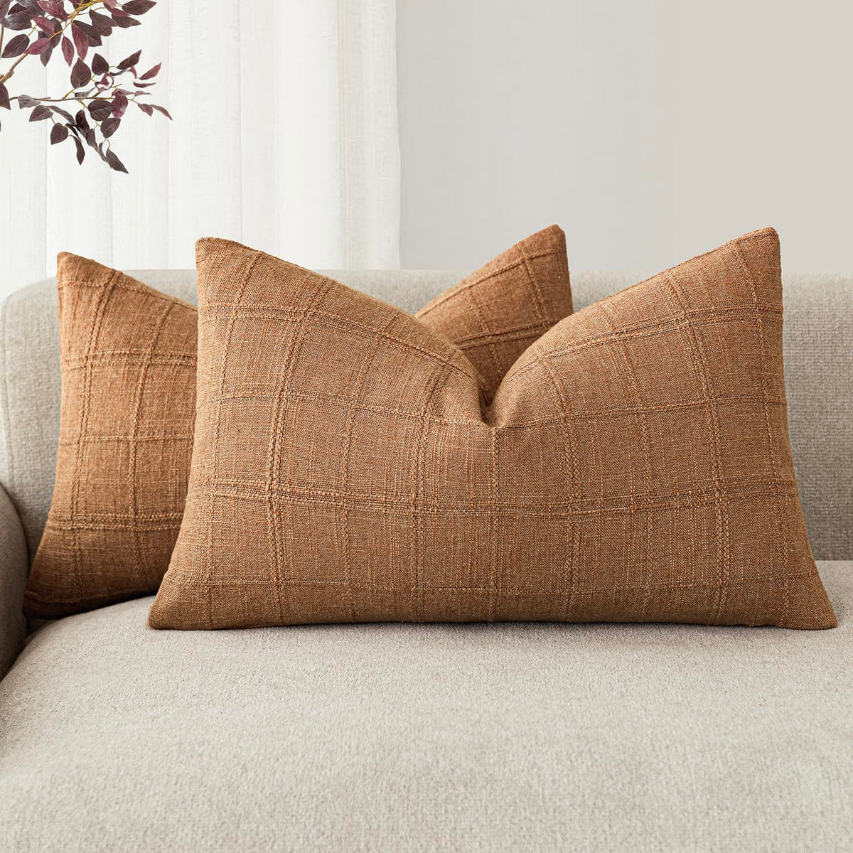 Foindtower Linen Check Decorative Throw Pillow Covers 18×18 Natural Beige