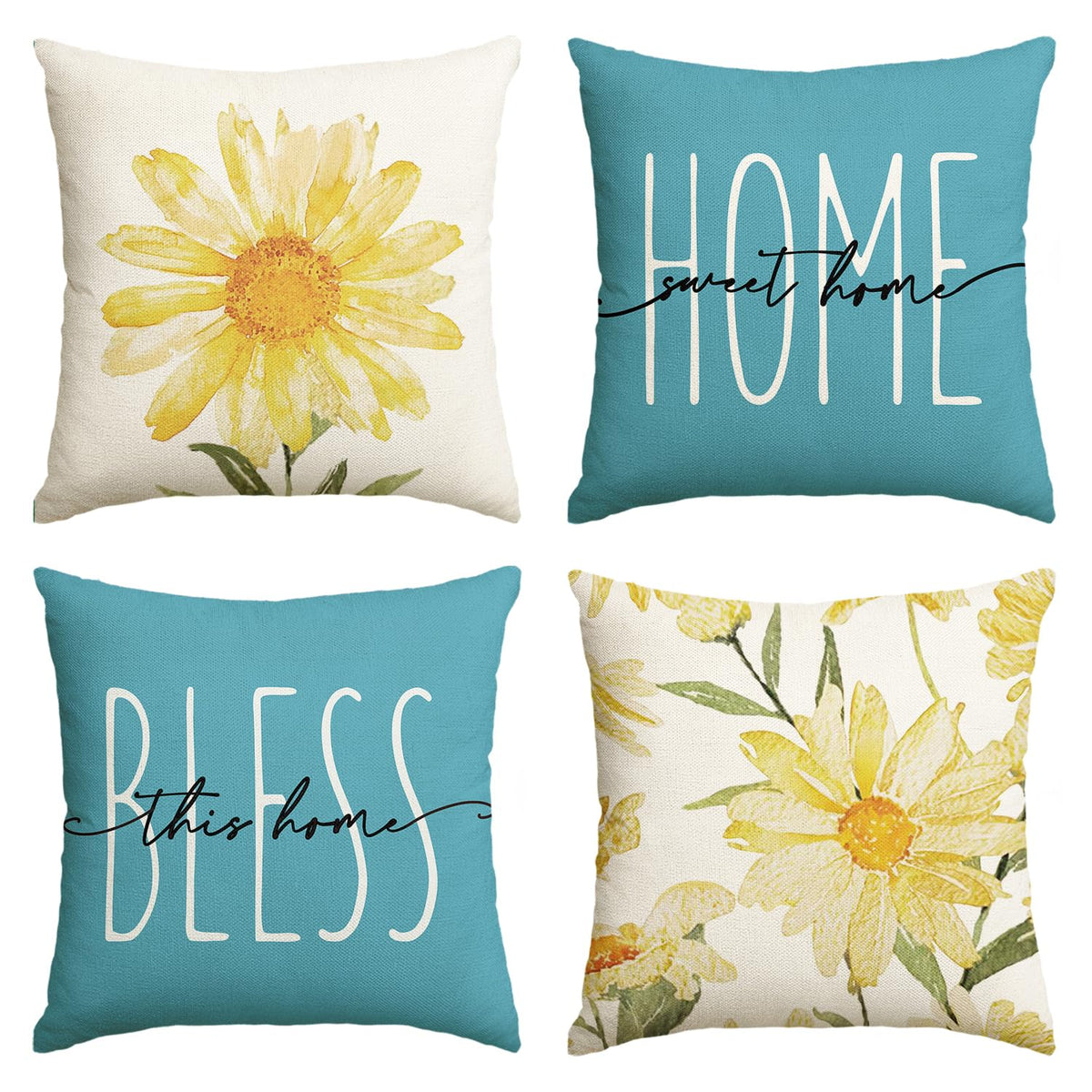 AVOIN colorlife Home Sweet Home Spring Summer Flowers Throw Pillow Covers, 18 x 18 Inch Grey Cushion Case for Sofa Couch Set of 4