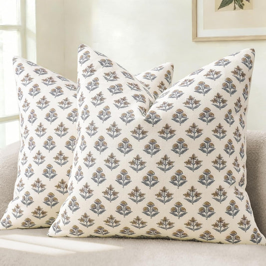 YCOLL Farmhouse Floral Pillow Covers 18x18 Set of 2, Rustic Country Decorative Cushion Covers Vintage Throw Pillow Covers for Sofa Couch Bed Living Room Home Decor, Vintage Walnut
