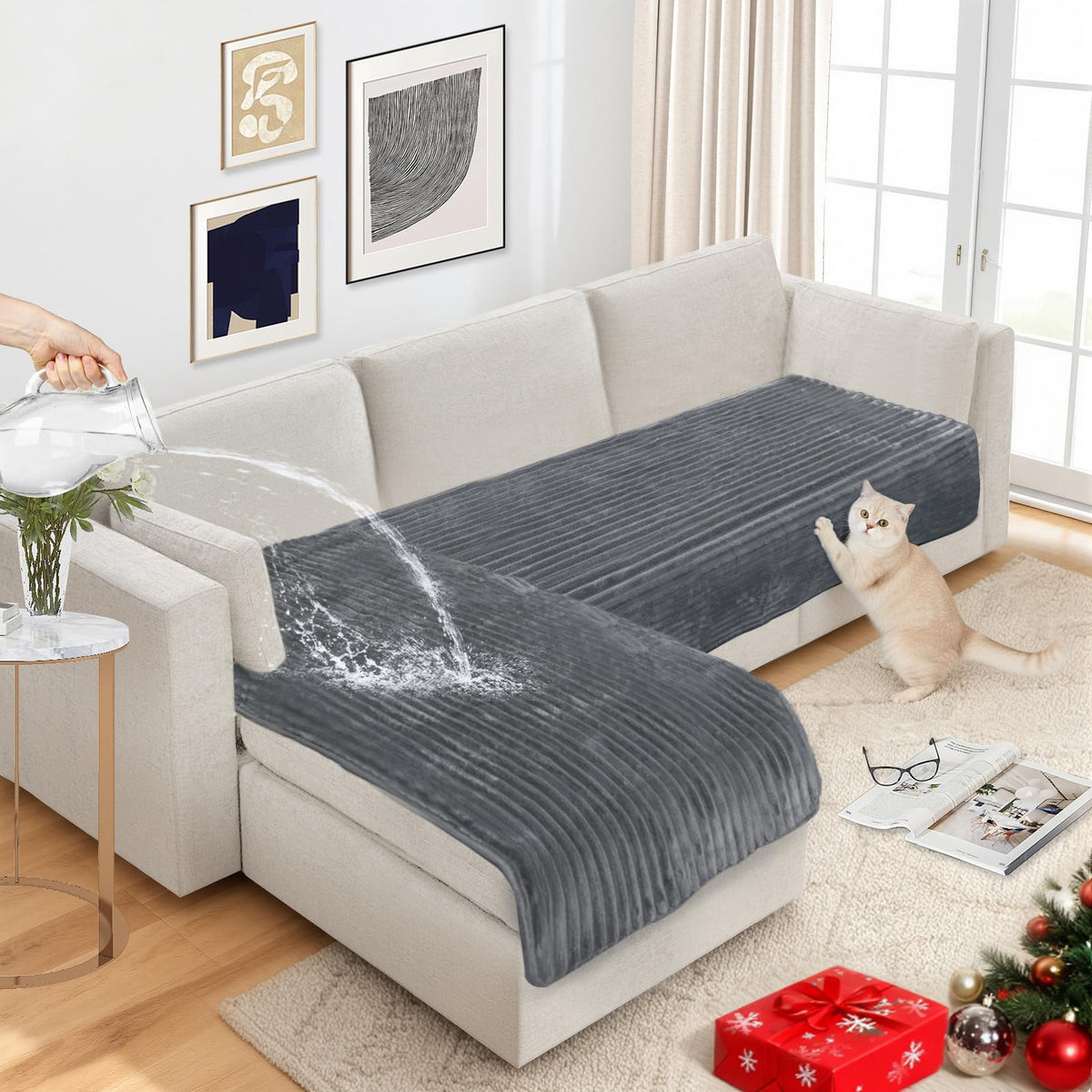 NAISI Couch Covers for Dogs Waterproof Flannel Striped Sofa Cover Pet Friendly Washable Dog Mat for Couch Anti Slip Sectional Sofa Slipcover Protector(2pcs/35"x63"+35"x70",Khaki)