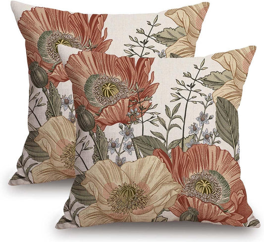TSSOHU Vintage Flower Throw Pillow Covers 20x20 Brown Rust Colored Floral Botanical Pattern Decorative Pillows Outdoor Linen Farmhouse Cushion Case Country Pillowcase for Sofa Bed Room Decor Set of 2