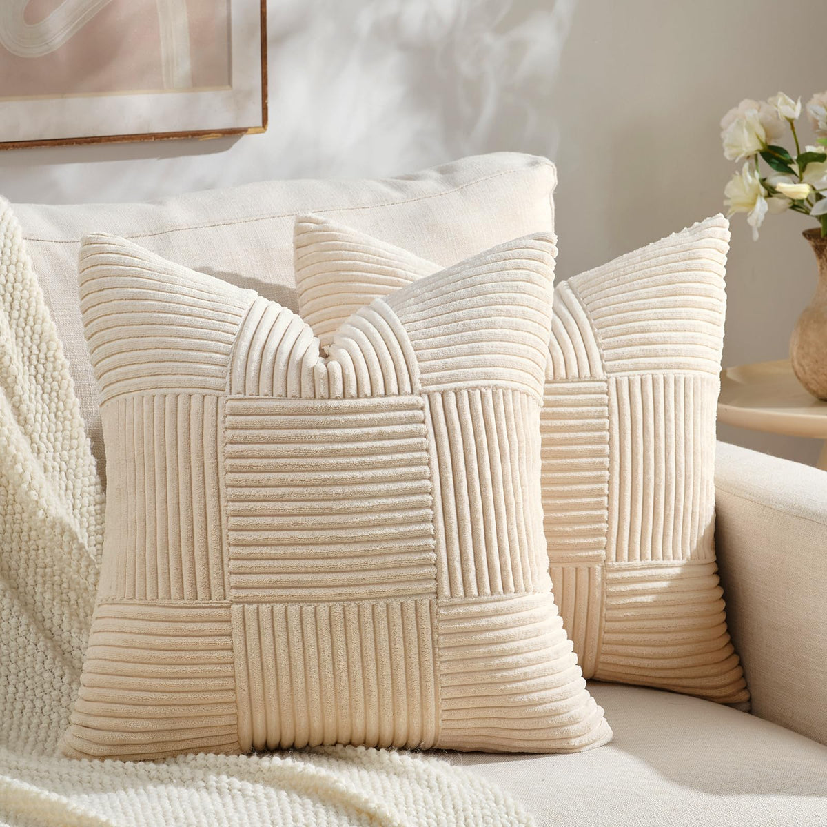 Fancy Homi Set of 2 Dark Gray Boho Decorative Throw Pillow Covers 18x18 Inch for Living Room Bedroom Couch Bed Sofa, Modern Farmhouse Home Decor, Soft Striped Plaid Corduroy Accent Cushion Case