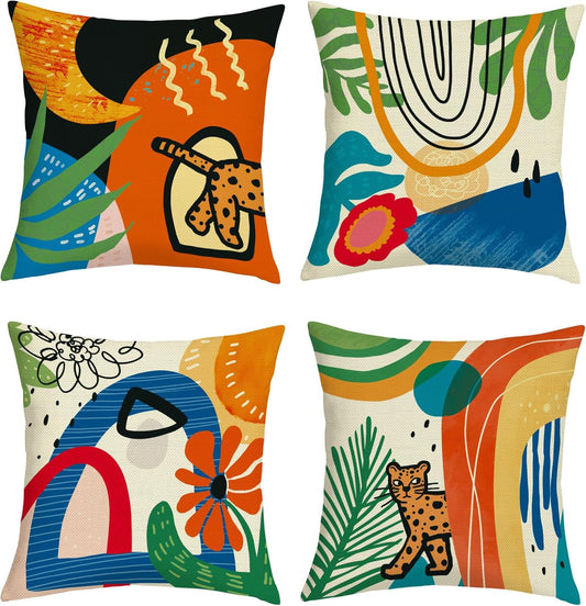 18x18 Set of 4 Orange Aesthetic Floral Throw Pillow Cushion Cover