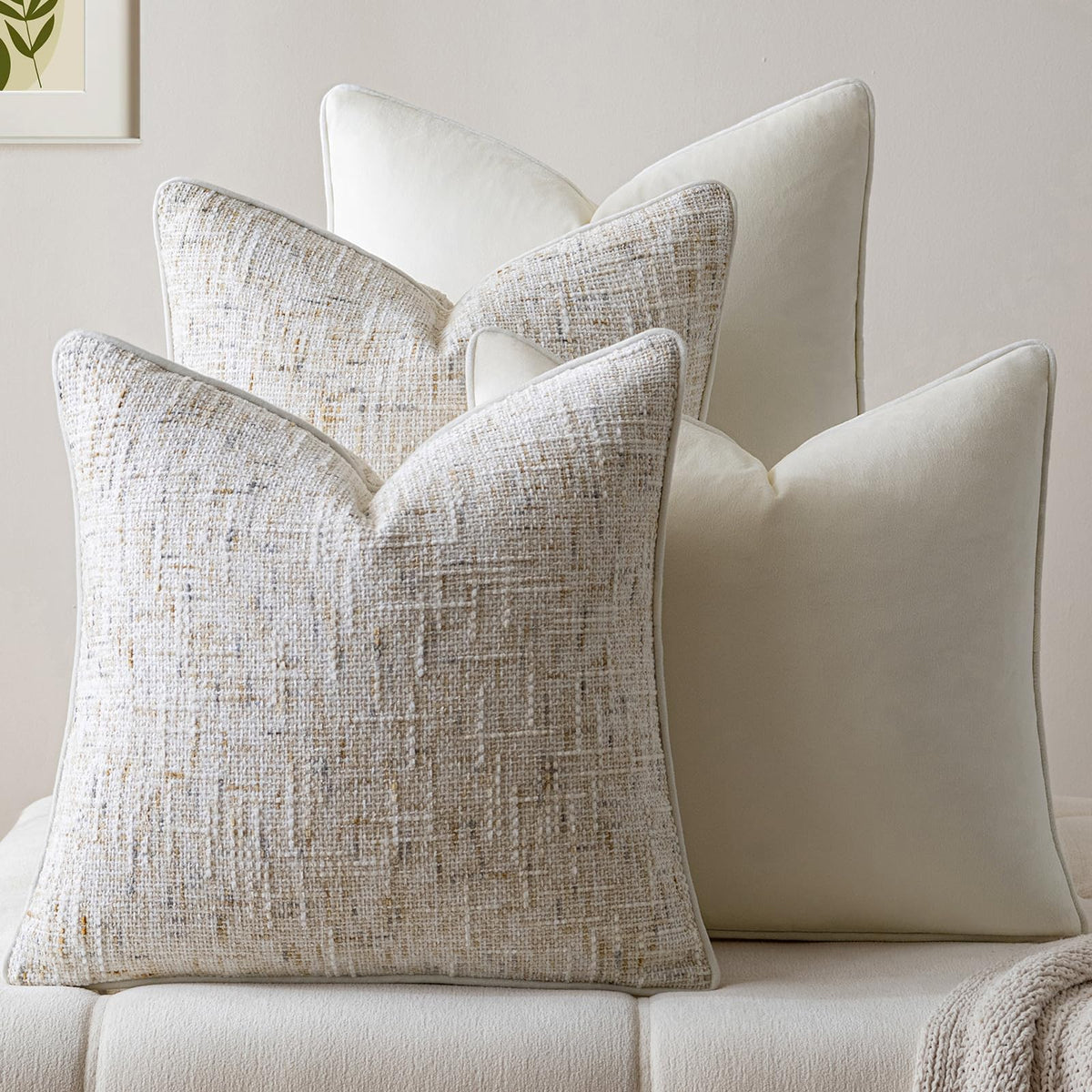 a moment Khaki 4 Pack Throw Pillow Covers - Chenille & Velvet Set with Piping, Farmhouse Textured Design Cushion Cases for Couch Sofa Bed (18x18 Inch, No Insert)