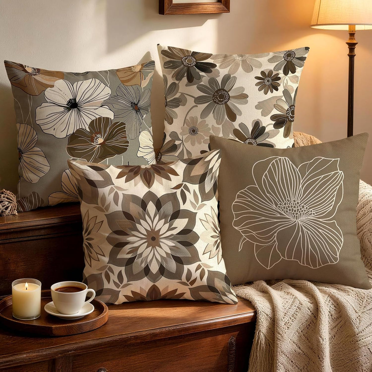 OBSEDE Rustic Neutral Boho Floral Throw Pillow Covers 18x18 Inch Set of 4