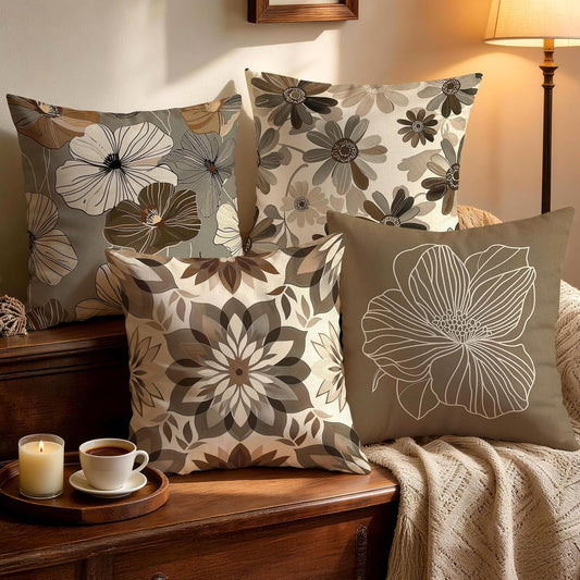 OBSEDE Rustic Neutral Boho Floral Throw Pillow Covers 18x18 Inch Set of 4