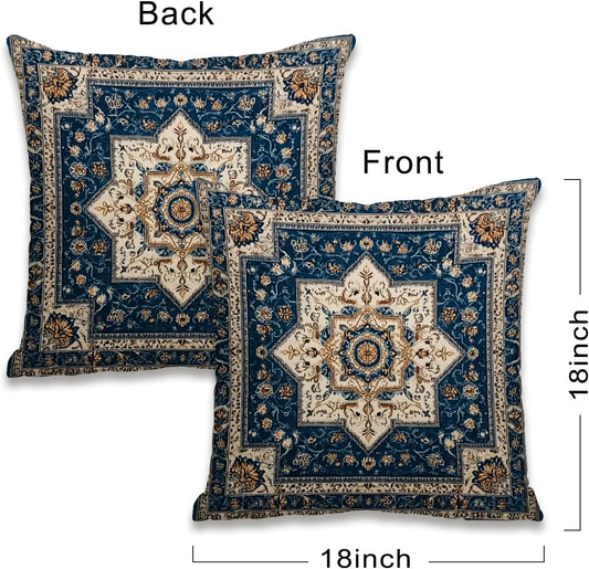 Bohemian Vintage Ethnic Pattern Pillow Covers, Boho Throw Pillow Cover, Printed Carpet Pattern Decor Double Sided Square Pillowcase for Living Room Farmhouse Sofa Home (Blue, 18x18inch)