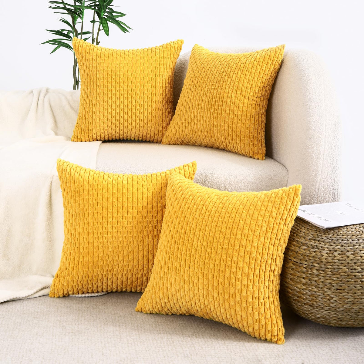VAKADO Couch Throw Pillow Covers 18x18 Set of 4 Decorative Neutral Corduroy Boho Rustic Farmhouse Cushion Case Square for Home Decor Sofa Living Room Bed