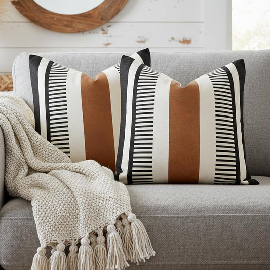Decorative Striped Throw Pillow Cover 18x18 Black White & Brown