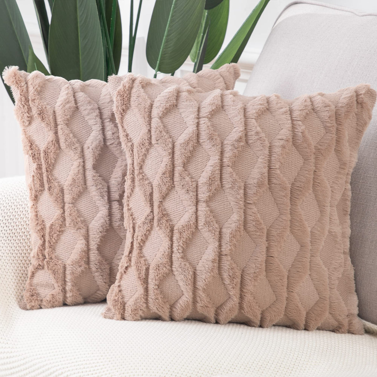 MADIZZ Set of 2 Soft Polyester Short Wool Velvet Decorative Throw Pillow Covers 18x18 inch Beige Square Luxury Style Cushion Cases Pillow Shell for Sofa Bedroom