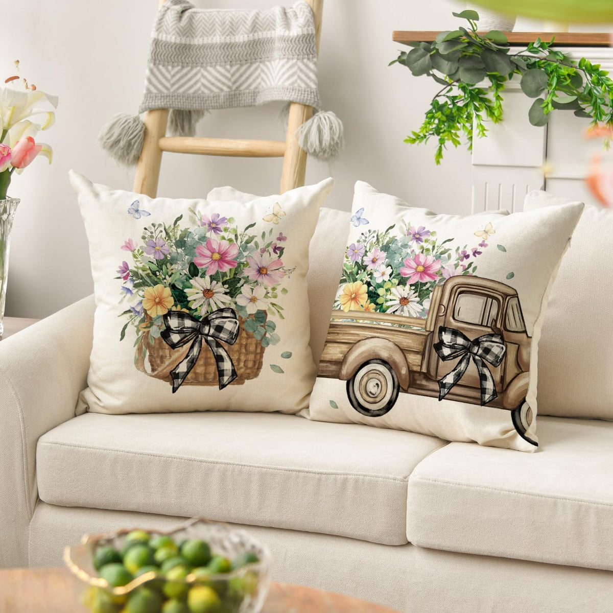 AVOIN colorlife Bless Our Home Eucalyptus Leaves Throw Pillow Covers, 18 x 18 Inch Spring Truck Cushion Case for Home Sofa Couch Set of 4