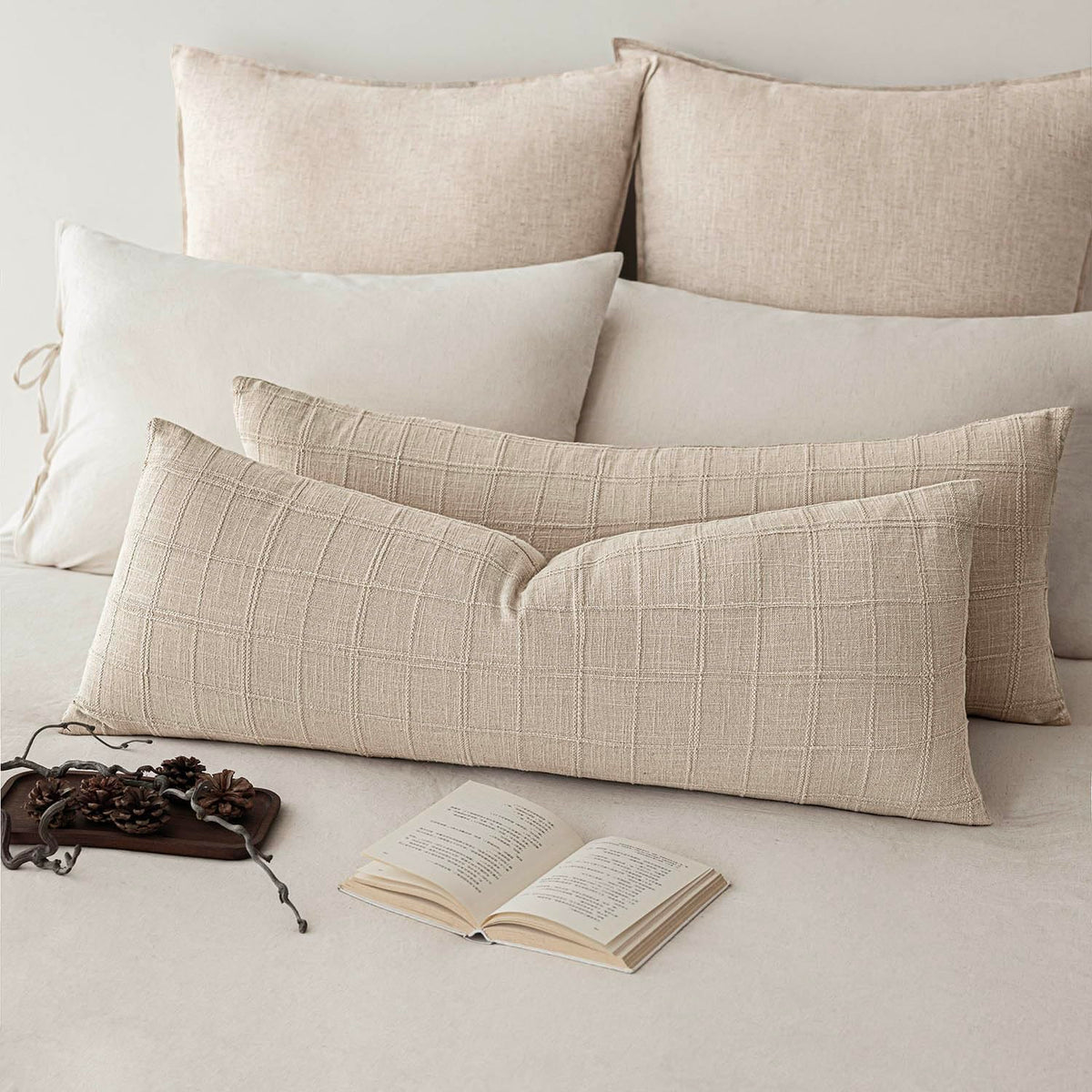 Foindtower Linen Check Decorative Throw Pillow Covers 18×18 Natural Beige