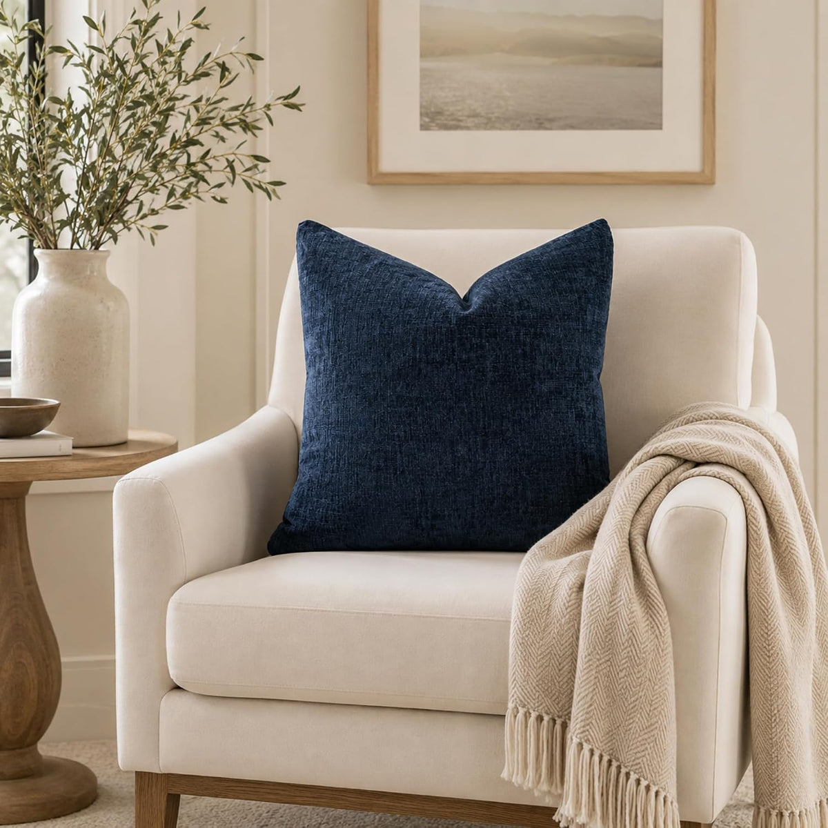 Pack of 2 Chenille Decorative Throw Pillow Covers 18x18 Inch Navy Blue