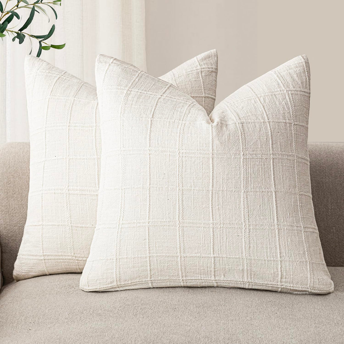 Foindtower Linen Check Decorative Throw Pillow Covers 18×18 Natural Beige