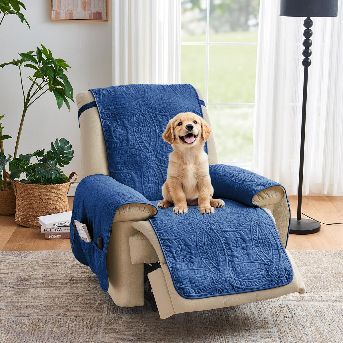 Quilted Sofa Slipcovers with Pockets, Anti-Slip Medallion Designed Couch Covers for 3 Cushion Sofa, Couch Cover for Dogs Cats Water-Repellent Machine Washable (Large Sofa 68", Ivory White)