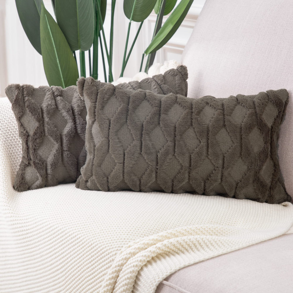 MADIZZ Set of 2 Soft Polyester Short Wool Velvet Decorative Throw Pillow Covers 18x18 inch Beige Square Luxury Style Cushion Cases Pillow Shell for Sofa Bedroom
