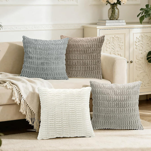 Hibate 4 Pack Neutral Corduroy Decorative Boho Couch Throw Pillow Covers 18x18 Inch for Sofa Living Room Bedroom Home Decor