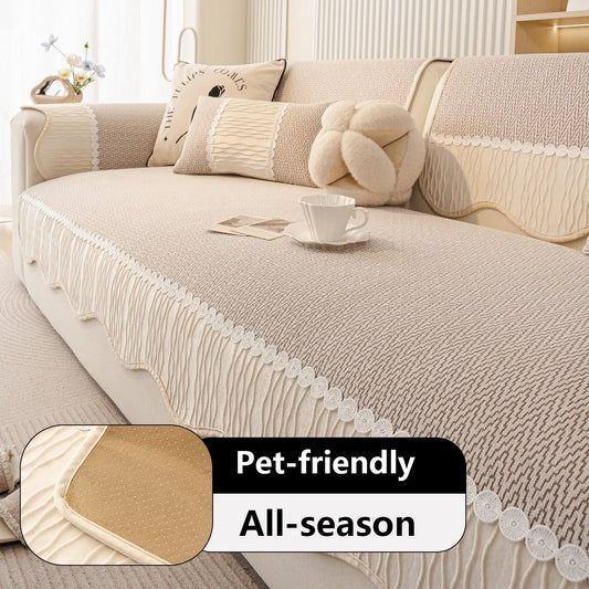 French Cream Snow Nourish Sofa Cushion, Non-Slip Cat Scratch Resistant, All-Season Use, Reusable Sofa Cover Seat Pad