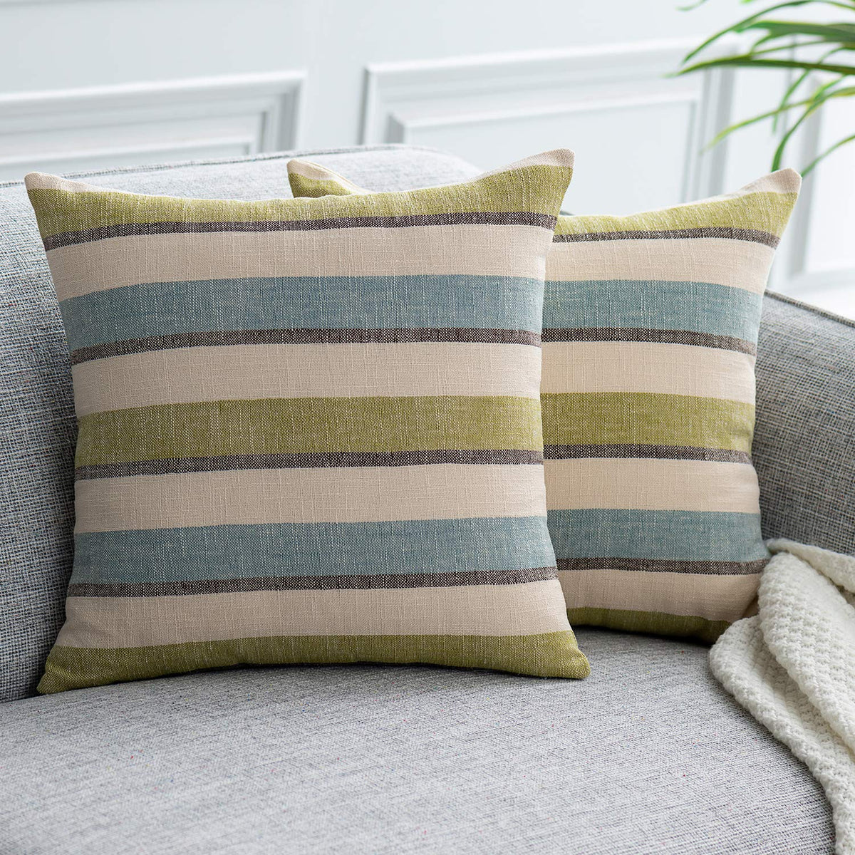 2 Pieces Decorative Classic Retro Stripe Throw Pillow Cover Soft Faux Linen Modern Farmhouse Lumbar Cushion Case for Sofa Bedroom Car 12 x 20 Inch Grey Blue Mixed