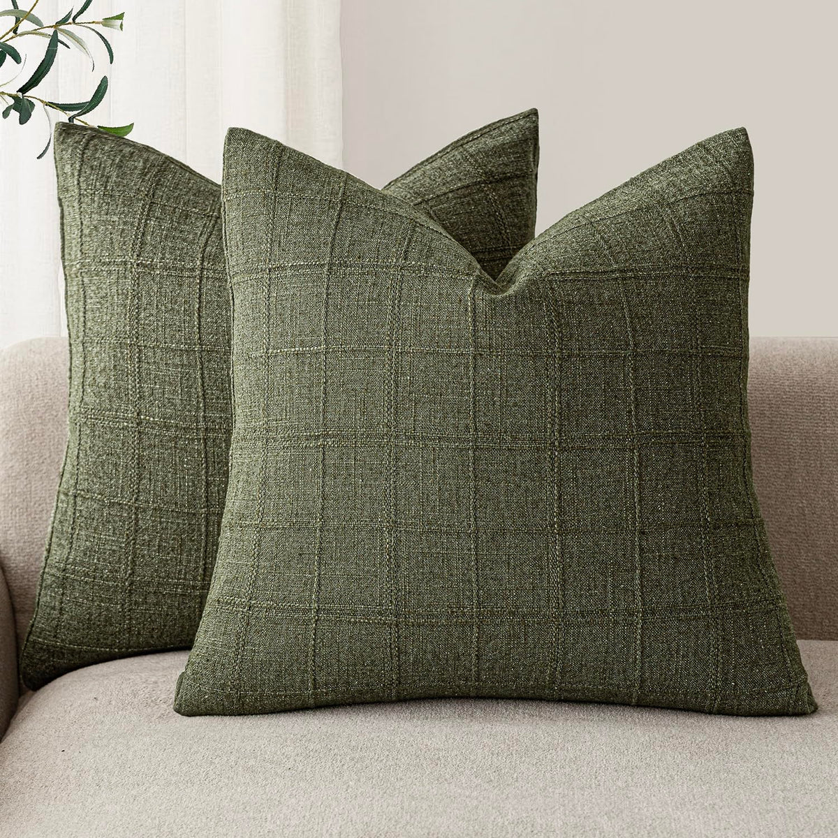 Foindtower Linen Check Decorative Throw Pillow Covers 18×18 Natural Beige